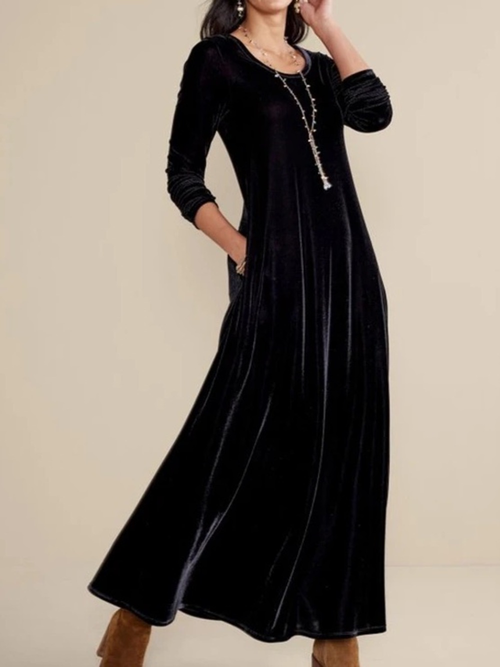 Soft Surroundings L Black Long Sleeve Santiago Stretch Velvet Maxi Dress NWT